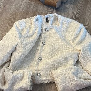 H&M Cream Tweed Cropped Blazer with Pearl Buttons